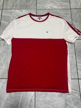Vintage Tommy Jeans Color Block Logo Tape T-Shirt Red White Men’s Medium